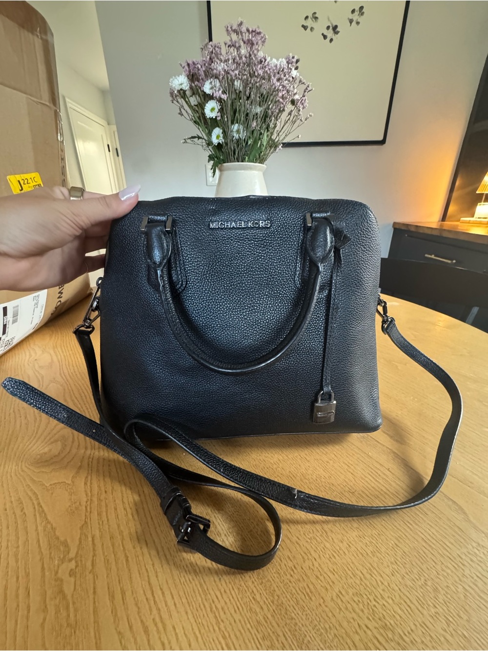 MICHAEL KORS Adele Black Leather Satchel with Gunmetal hardware